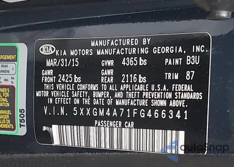 2015 Kia Optima Lx из США, поврежденный, VIN 5XXGM4A71FG466341